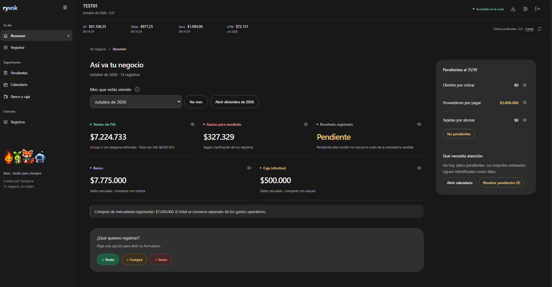 Captura del resumen de Ryvok: ventas, gastos, banco y efectivo separados, próximos pagos y accesos para registrar operaciones.